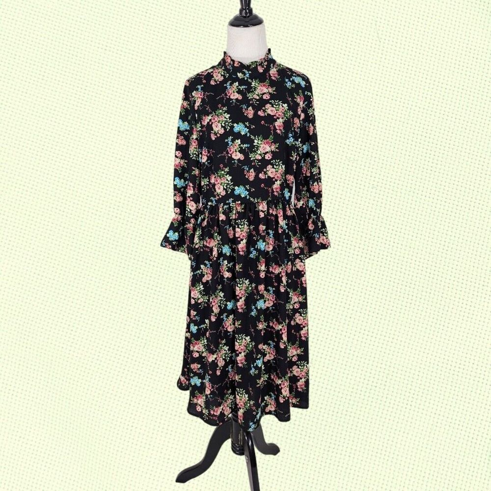 Anthropologie Modcloth Dress M Floral‎ Ruffle High Neck Black Cottagecore